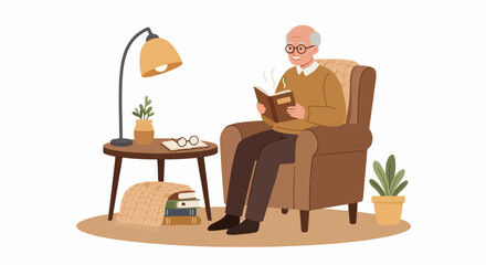 Happy elderly man enjoying a quiet evening at home, relaxing in an armchair while reading a book under the warm glow of a lamp.