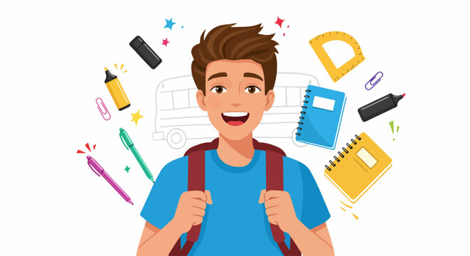 Happy cartoon boy with a backpack and school supplies floating around him, ready for a new school year, with a school bus outline in the background.