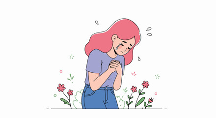 Emotional illustration of a sad woman weeping, expressing sorrow and anxiety amidst gentle floral elements in a minimalist style.