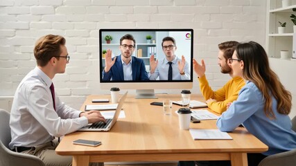 Professional team of colleagues participating in a video conference meeting in a modern office setting, collaborating and discussing business strategies through remote communication technology. - Powered by Adobe