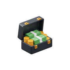 Obraz premium A black briefcase overflowing with stacks of cash and gold coins, symbolizing wealth and financial success