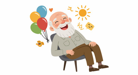 Joyful elderly man celebrating, surrounded by colorful balloons, a playful dog, and sunshine, depicting happiness and good vibes in a vibrant illustration.