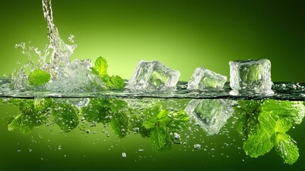 Refreshing Ice Cubes with Mint Leaves and Water Splash on Green Background