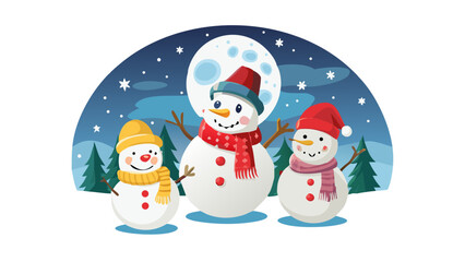 A cute family of snowmen wearing scarves and hats, celebrating Christmas under a glowing full moon.