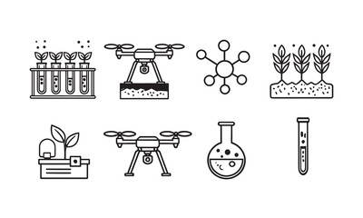 Set of linear science and agriculture technology icons featuring drones, lab equipment and molecular structures.