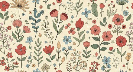 floral bouquets handmade, with black outline and unfit colored, pink, yellow, red and purple flowers and leaves, 