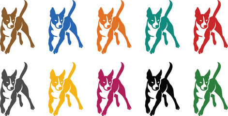 Running dog silhouettes in various colors puppy, Colorful playful dog running icons