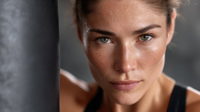 Focused female boxer stares intensely at camera, with punching bag visible in frame, showcasing determination and strength - Powered by Adobe