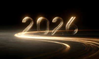 Golden year: luminous "2026" on dark surface with motion light trails.