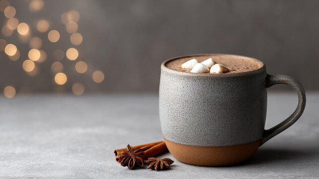 Cozy mug of hot chocolate with marshmallows, cinnamon sticks, and star anise gray surface, with warm bokeh lights background