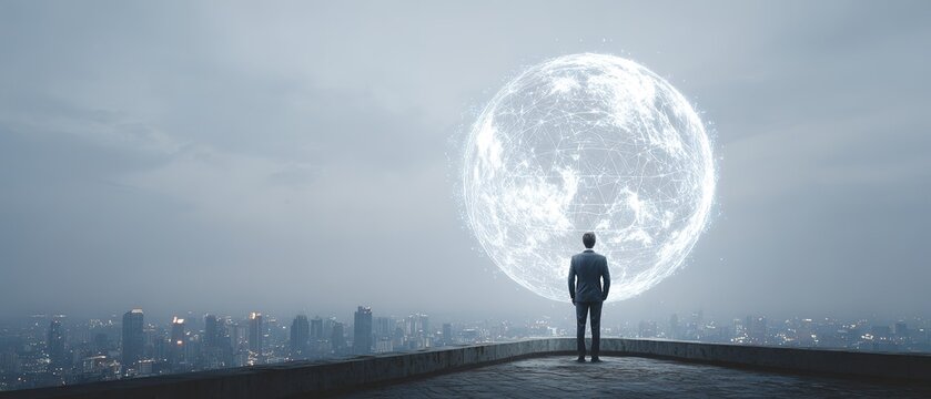 Man Gazing at Digital Globe Over City Skyline - Powered by Adobe