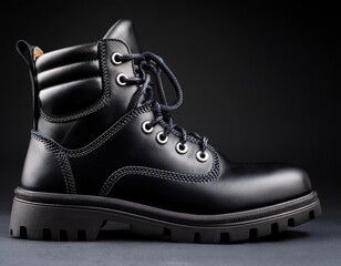 closeup of sleek black leather work boots with intricate laces modern design meets rugged functionality studio shot on a black backdrop