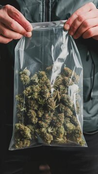 A person holds a transparent plastic bag filled with cannabis buds, showcasing the texture and details of the marijuana flowers, highlighting its usage, cultivation, and packaging.