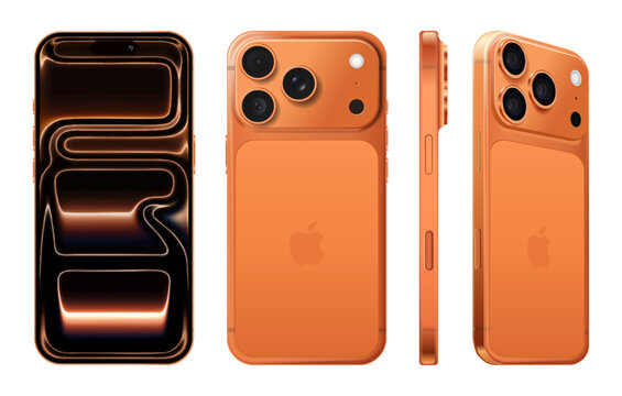 Set of Smart phone Apple iPhone 17 Pro Max in different sides, in official Cosmic Orange