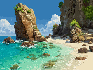 Pixel art tropical beach with rocks
