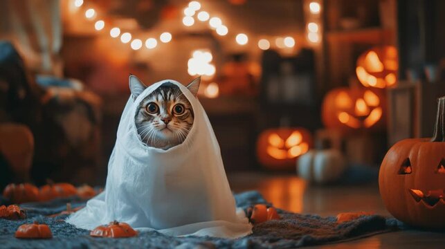 A cute cat wrapped in a white sheet sits amidst Halloween pumpkins and fairy lights, making a delightful ghost costume. Perfect for spooky, festive occasions or themed decor.