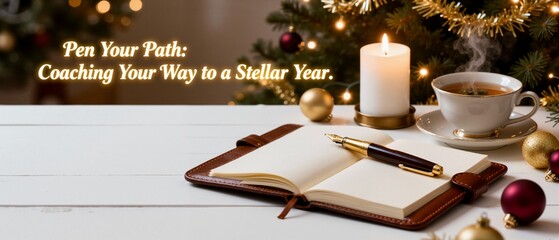 New year planning and goal setting concept with an open journal and pen. Coaching for a stellar year with a cozy Christmas background. Holiday scene with tea, a candle, and copy space for a banner