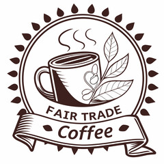 Fair trade coffee logo with cup, coffee bean and leaves isolated on
