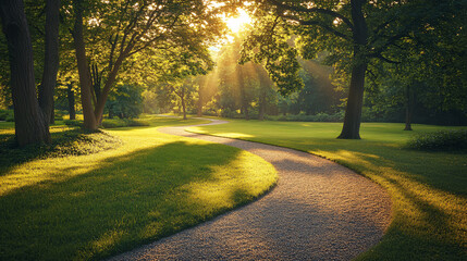 Fototapeta premium Golden sunbeams illuminate a winding park path bathed in warm morning light