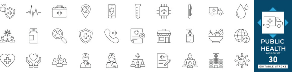 Public health icon set featuring healthcare, safety, prevention, sanitation, awareness, and community wellness symbols. Editable line vector illustration for medical, government, and health education 