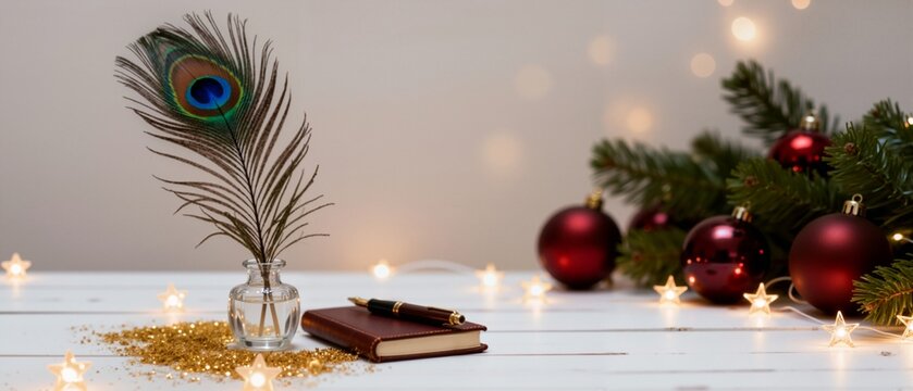 Festive writing concept with a peacock feather and notebook on a white table. Christmas holiday still life with glitter, red ornaments, and glowing lights. Holiday background with copy space