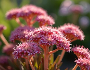 Close up photo of Herbstfreude sedum plants. Raspberry pink flower clusters bloom in summer. Detailed view of the attractive ornamental garden plant. Nature background with green leaves.