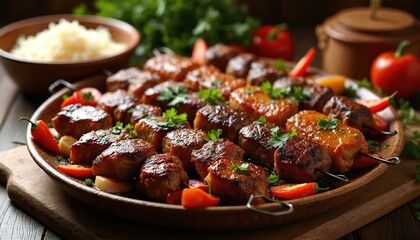 Platter of assorted grilled meat skewers, including tikka boti and seekh kabab. Juicy beef, lamb, chicken served with chili peppers, tomatoes, and fresh parsley. Side of rice is visible.
