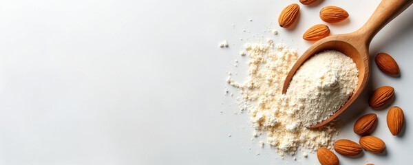 Wooden scoop holds fine almond flour next to whole nuts on white table. Healthy gluten free baking ingredient for keto diets. Natural food product.