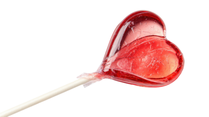 Sweet red heart-shaped lollipop on stick candy treat isolated on white background