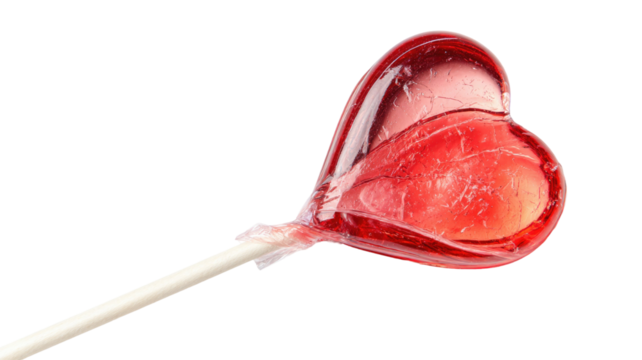 Sweet red heart-shaped lollipop on stick candy treat isolated on white background - Powered by Adobe