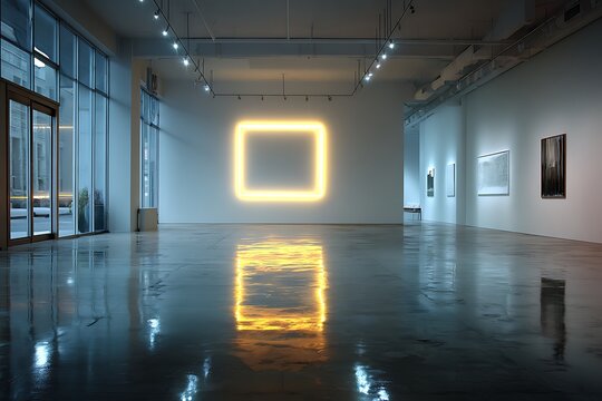 Soft rectangular illumination spreads across a quiet white wall, creating a refined geometric highlight within a wide minimal space suitable for business, dashboards, and clean layouts.