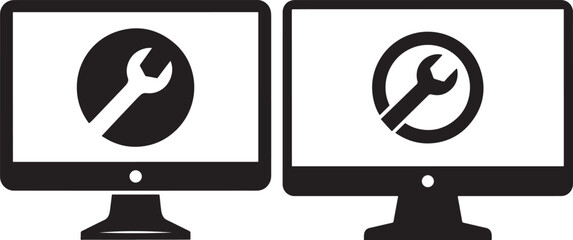 Two computer monitors displaying wrench icon silhouette