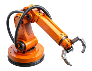 Top-Down View Orange Automation Robotic Arm with Extended Claw – Transparent PNG (2)