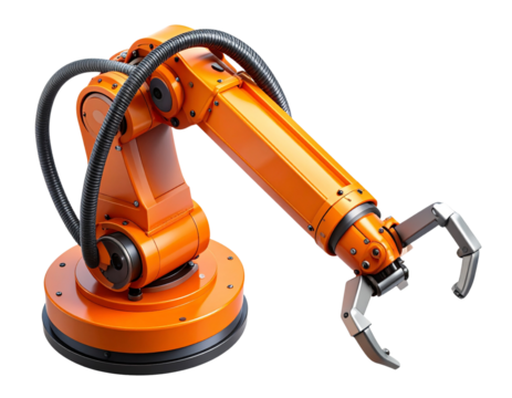 Top-Down View Orange Automation Robotic Arm with Extended Claw – Transparent PNG (2)