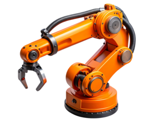 Top-Down View Orange Automation Robotic Arm with Extended Claw – Transparent PNG
