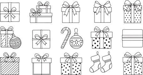 Christmas gift boxes holiday line art set with bows, ornaments, candy cane, festive clipart and stockings outline eps