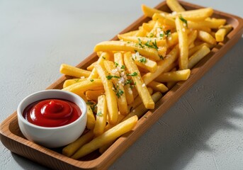 Crispy French Fries with Fresh Herbs and Ketchup in Minimalist Food Photography