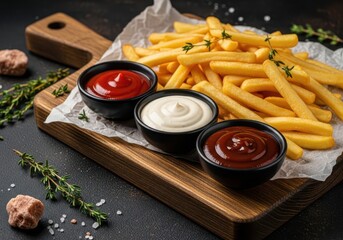 Crispy French Fries with Ketchup, Mayonnaise and BBQ Sauce in Gourmet Snack Photography