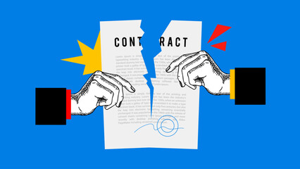 Trendy collage with sketch hands and termination of contract. Business, agreement, law, legal, HR, insurance, finance, banking, real estate, startup concept. Hand drawn vector illustration.