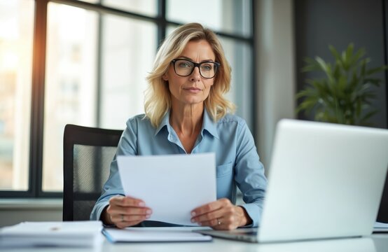 Mature woman works in office with laptop and papers. Focused businesswoman reviews document at desk. Blond employee in blue shirt and glasses analyzes report, uses computer.