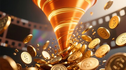 A bright 3D orange funnel icon releasing multiple flying gold coins, rendered with smooth glossy surfaces, clean reflections, and a modern digital style. Vibrant, high-detail composition .