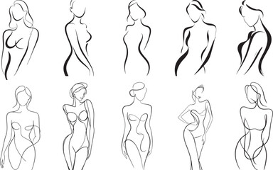Collection of Minimalist line art of a lady her curvature features hand drawn concept for decoration on white background.