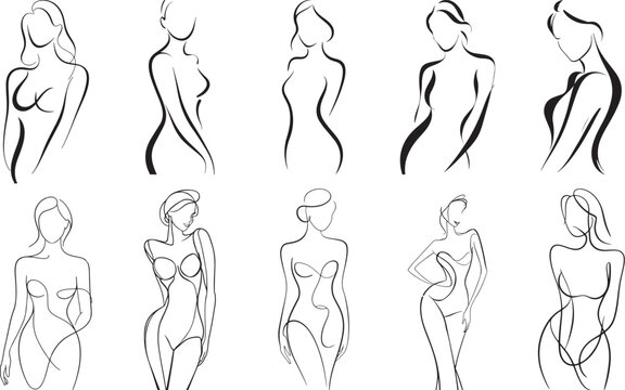 Collection of Minimalist line art of a lady her curvature features hand drawn concept for decoration on white background.