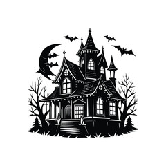 Haunted Halloween House Silhouette with Spooky Trees and Bats