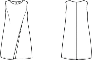 Sleeveless A-line dress technical sketch, front and back view, asymmetrical seam, round neckline, fashion flat drawing, garment design illustration, clothing template