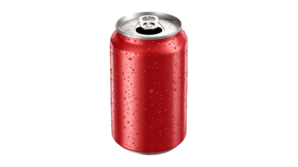 Refreshing cold red soda can with water droplets, perfect for summer advertisements and beverage promotions, ideal for quenching thirst and enjoyment
