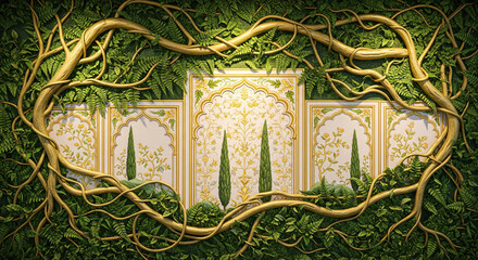 3D Mughal Botanical Fusion Mural wall art – Ornate Borders and Intricate Traditional Floral Design. Vibrant Mughal Botanical Mural in 3D