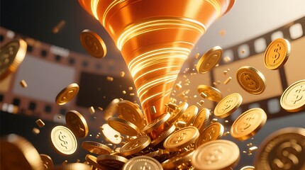 A bright 3D orange funnel icon releasing multiple flying gold coins, rendered with smooth glossy surfaces, clean reflections, and a modern digital style. Vibrant, high-detail composition .