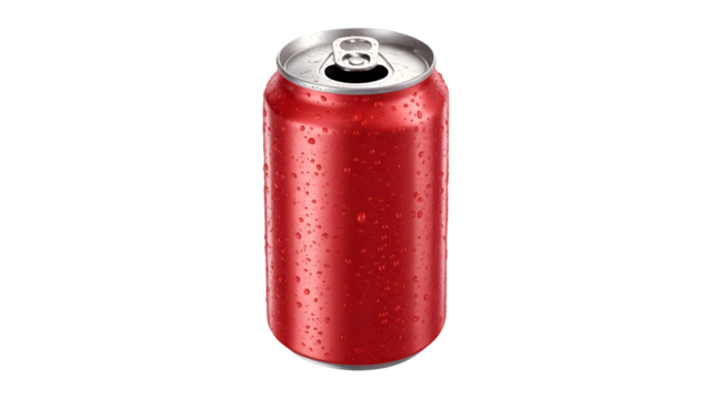 Refreshing cold red soda can with water droplets, perfect for summer advertisements and beverage promotions, ideal for quenching thirst and enjoyment