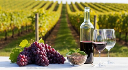 Vineyard Sunset with Red Wine and Grapes, Wine tasting, Winery, Vineyard landscape